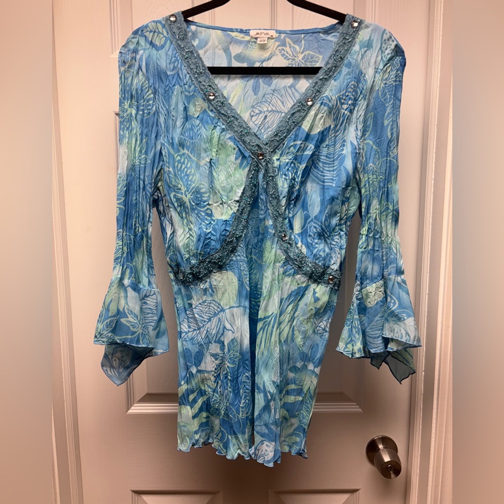 Jaipur Blue Floral Beaded Sheer Blouse Top Size XL